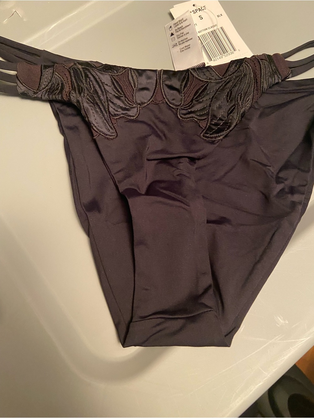 l*space Black Bikini Bottom with Embroidered Waist Detail